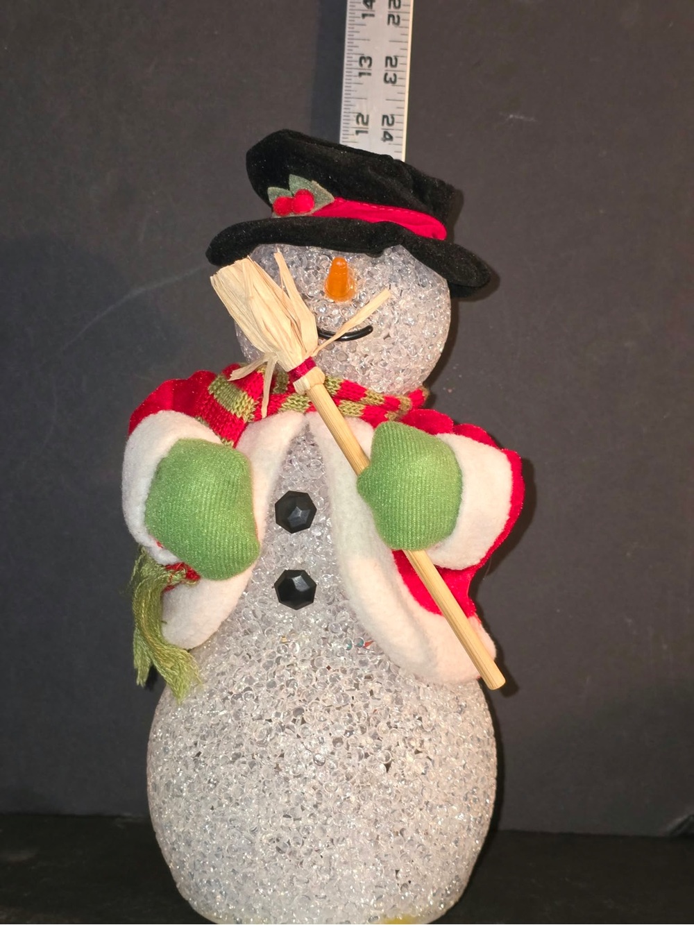Festive Glitter Snowman Figurine with Red Coat and Green Mittens